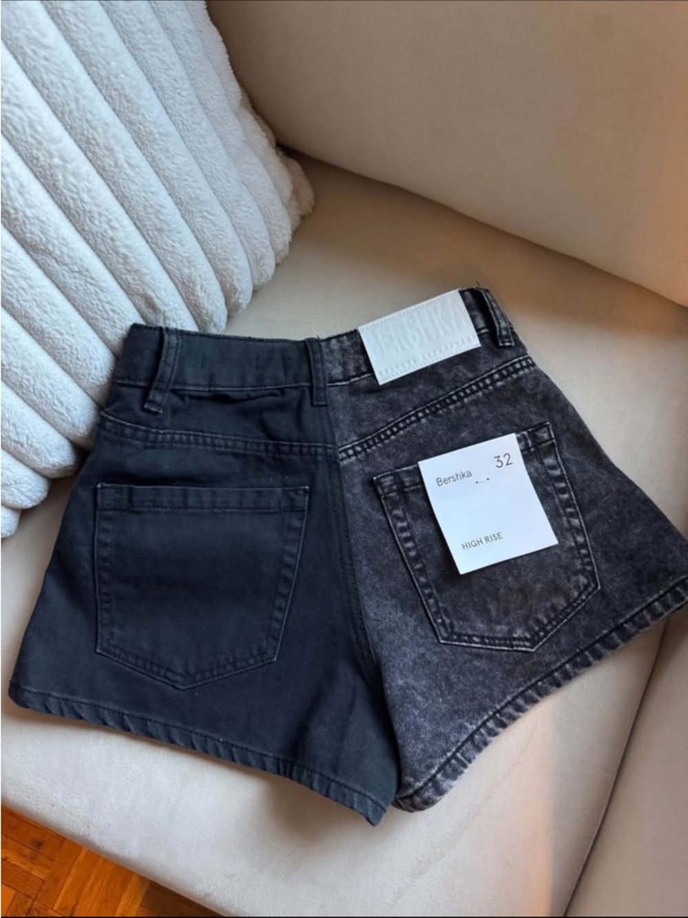 Bershka Two-Tone High Waist Black & Charcoal Denim Shorts